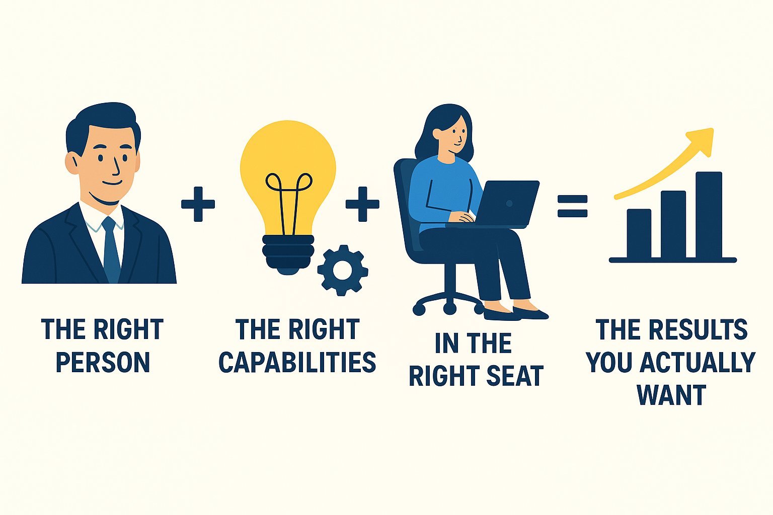 Infographic showing the formula: the right person plus the right capabilities plus in the right seat equals the results you actually want, illustrated with icons of a person, lightbulb, working professional, and growth chart.