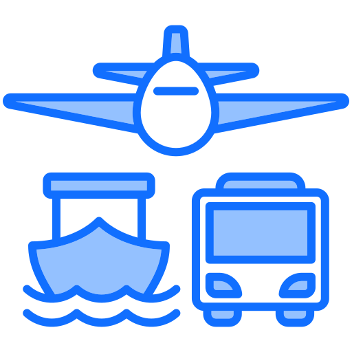 Visualization of transportation with an airplane, a ship and a bus icon.